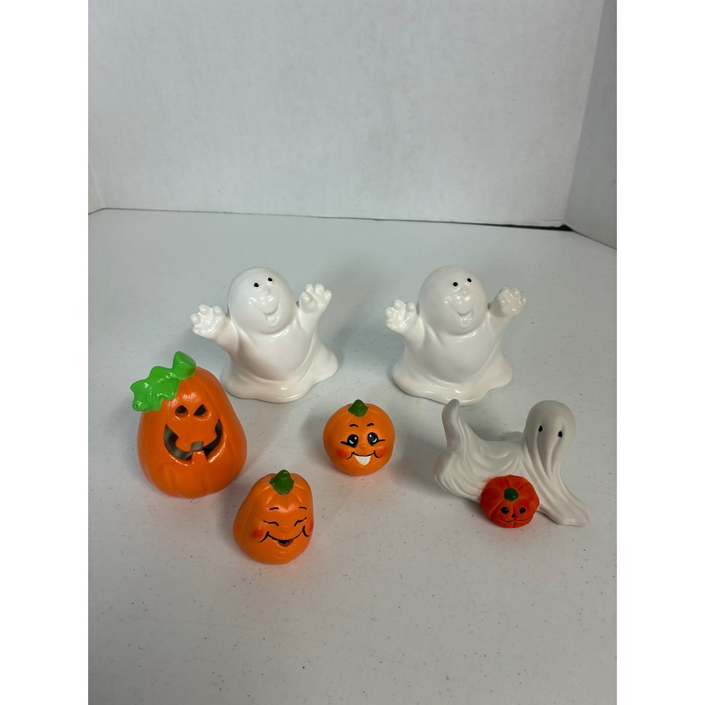 Vintage Style Halloween Ceramic Ghost and Pumpkin Figurine Set 6 Piece Decor